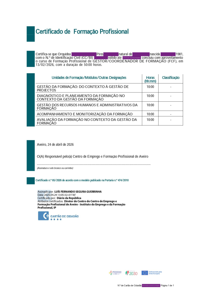 O Meu Caderno de Aprendizagens: Janeiro a Abril de 2026 mask copy certificado de formação profissional f058 gestor coordenador de formação