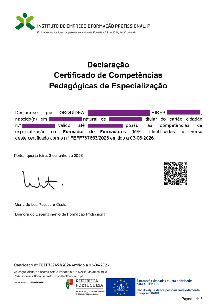Certificado da Formação Pedagógica Contínua de Formadores – Formador de Formadores, concluída por Orquídea Pires em Maio de 2026.